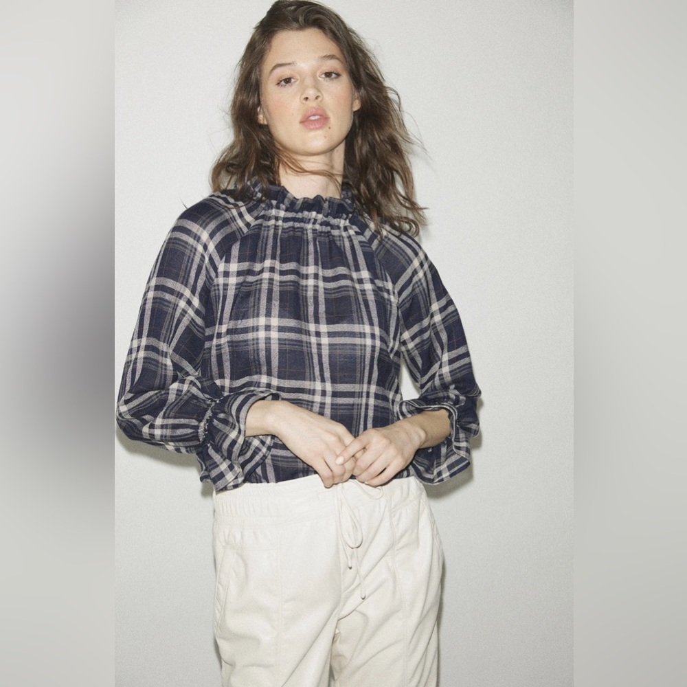Melissa Nepton Anko Ruffle Neck Plaid Top XS NWOT